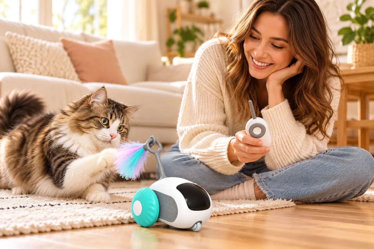 Owner enjoying remote control playtime with a cat