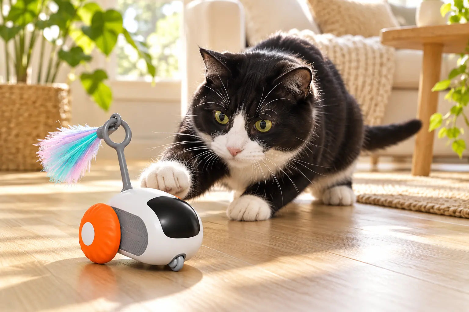 Illustrative black and white cat playtime