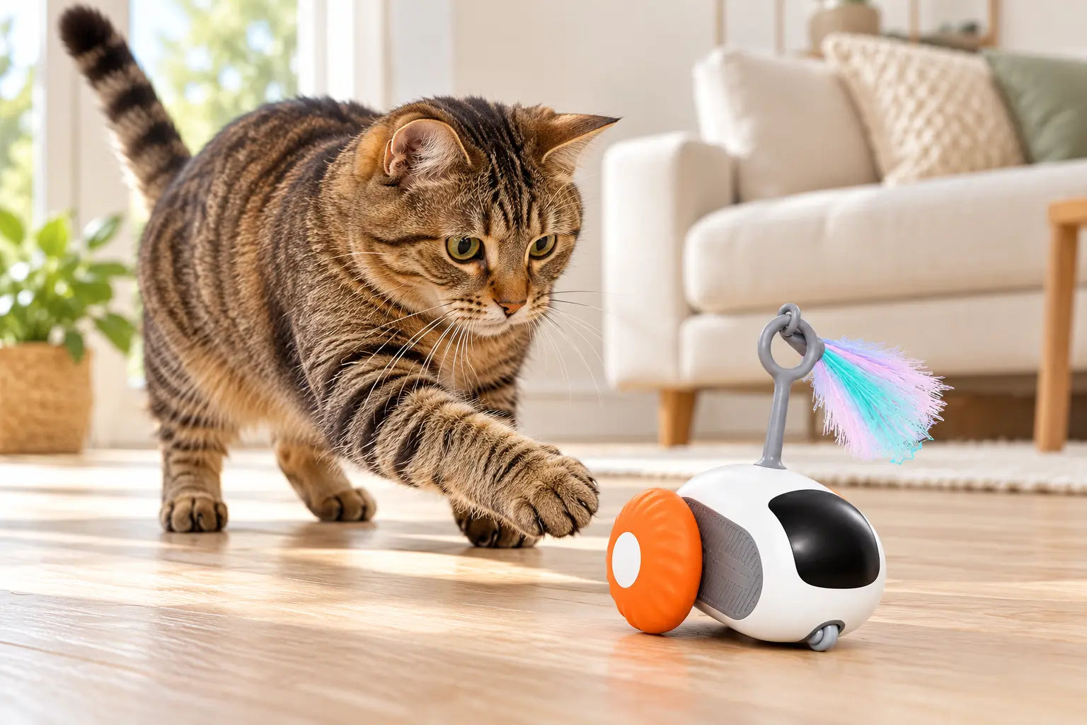 Tabby cat playing with orange iMouse